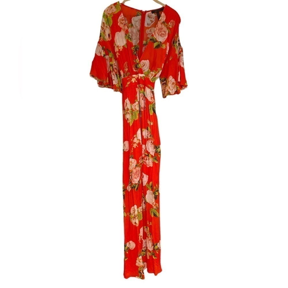 BCBG Red Floral Short Sleeve Flutter Sleeve Wrap Maxi Dress - Size M - Picture 5 of 6